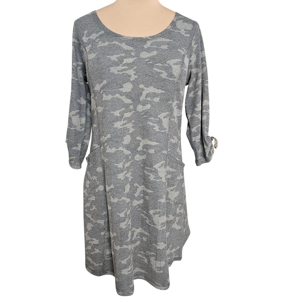 New Tribal Jeans Gray Green Camo Scoop Neck Tunic Dress 3/4 Bow Sleeves Pocket - Picture 2 of 16